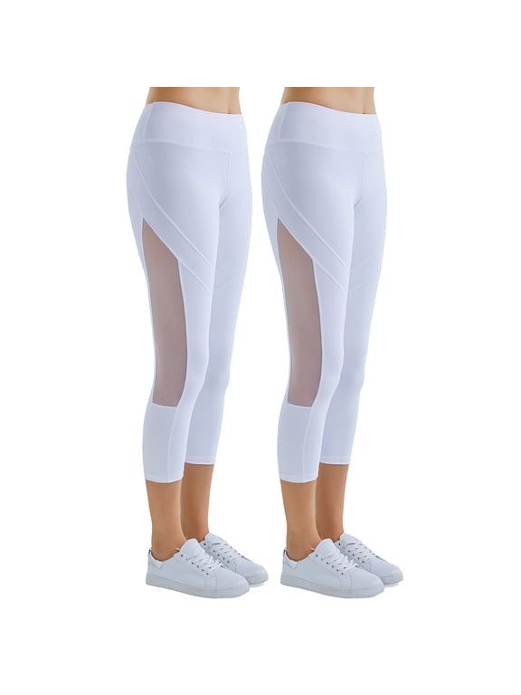 Women's Mid Waist Side Mesh Dry Fit Workout Capri Leggings with Inner Pocket,2-Pack White