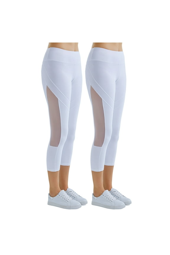Women's Mid Waist Side Mesh Dry Fit Workout Capri Leggings with Inner Pocket,2-Pack White