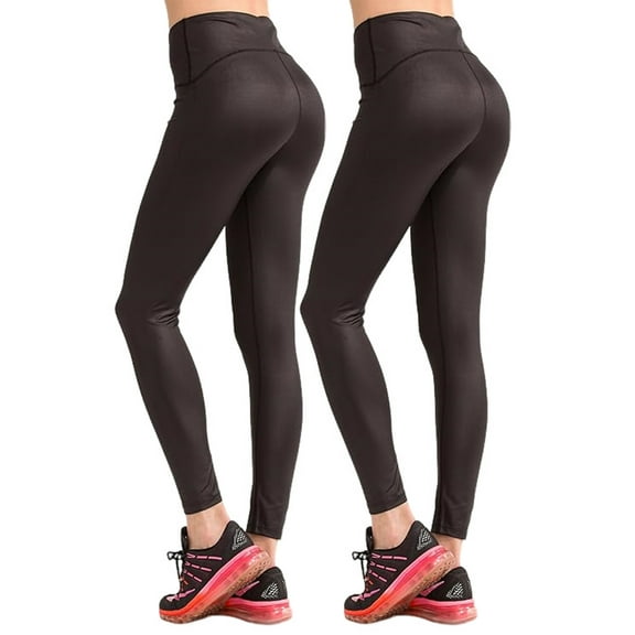 SPECIAL MAGIC Women's Stretchy Mid Waist Workout Leggings with Hidden Pocket,2-Pack Black