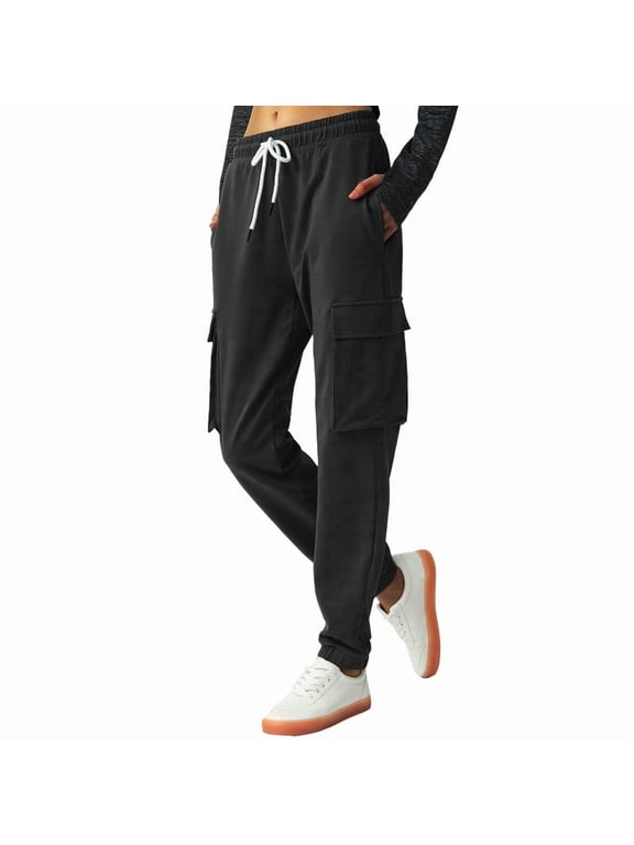 Women's Cargo Sweatpants with 4 Pockets Cotton Jogger Pants Elastic Waist Athletic Lounge Pants for Running Yoga Gym