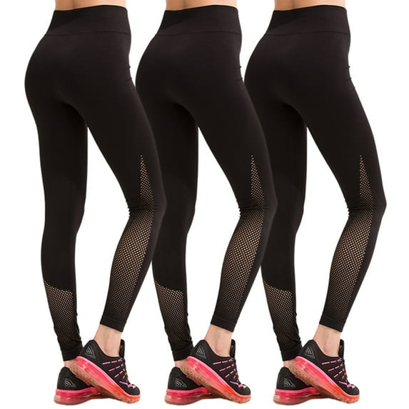 SPECIALMAGIC Women's High Rise Seamless Dry Fit Yoga Leggings with Knitted Mesh Calf, 3-Pack Black