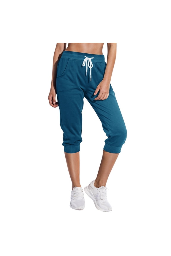 Women's Cropped Sweatpants Capri Jogger Pants with Drawstring Waist and Side Pockets for Running Lounge Yoga