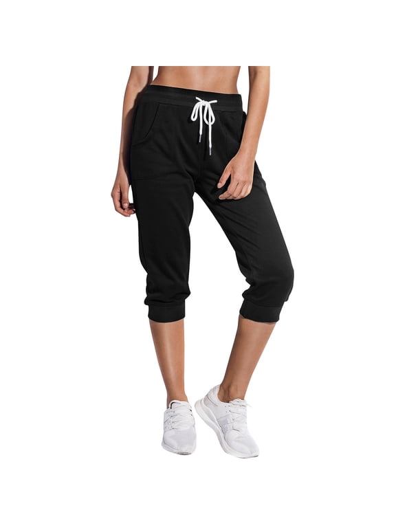 Women's Cropped Sweatpants Capri Jogger Pants with Drawstring Waist and Side Pockets for Running Lounge Yoga