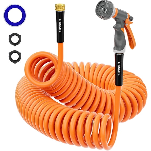 SPECILITE 1/2'' Lightweight Coil Garden Hose 50ft, Upgraded Flexible Curly Hot/Cold Water Pipes with Spray Nozzle for Boat, Greenhouse, Yard, Patio