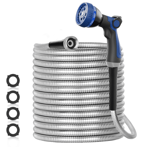 SPECILITE 100ft 304 Stainless Steel Garden Hose Metal, Heavy Duty Water Hoses with Nozzle for Yard, Outdoor - Flexible, Never Kink & Tangle, Puncture Resistant