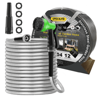 SPECILITE 75ft Stainless Steel Garden Hose - 304 Metal, Flexible, No Kink, With 8-Way Nozzle