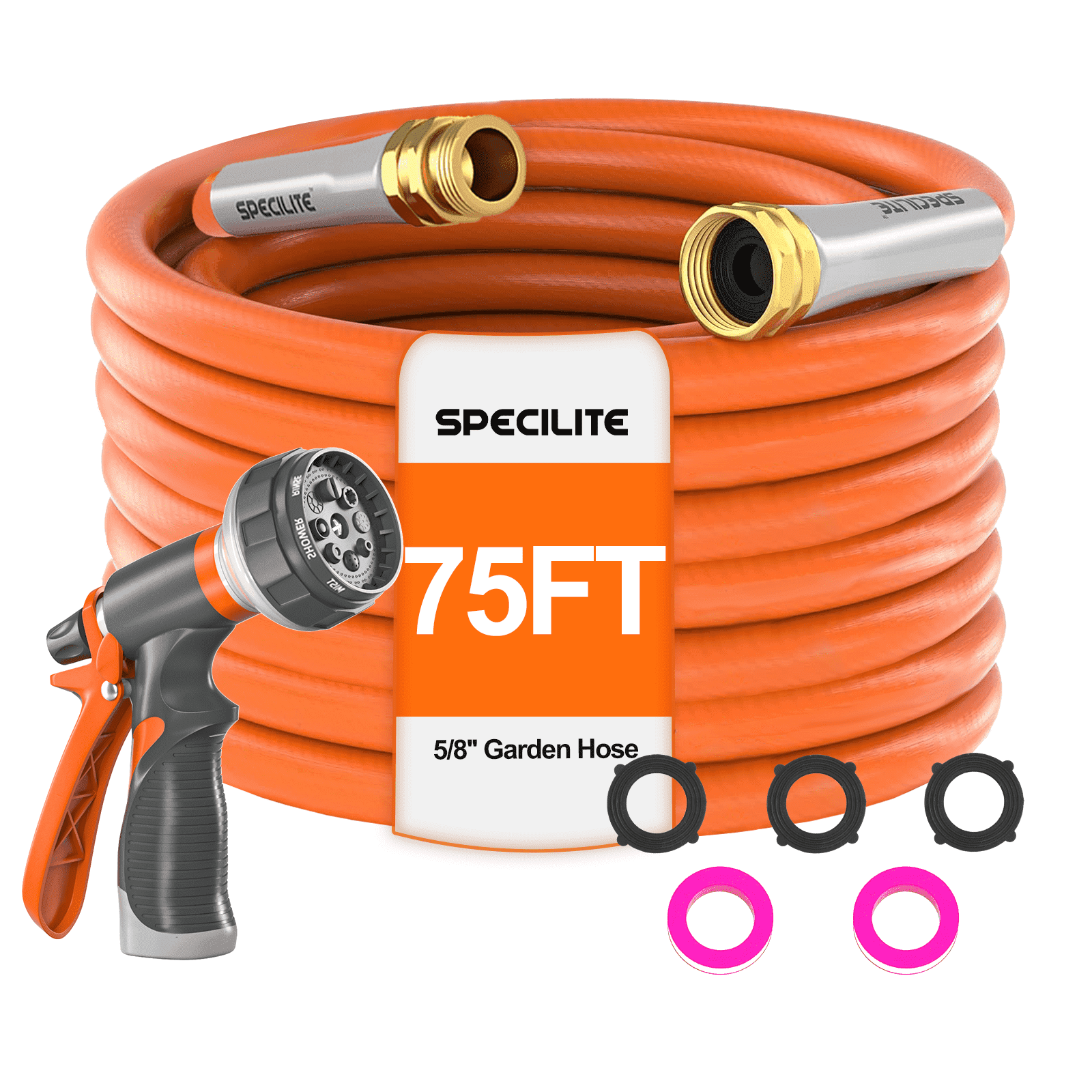 SPECILITE 75ft x 5/8in Garden Hose, Flexible and Lightweight Rubber Water Hose with Nozzle & 3/4'' Brass Fittings