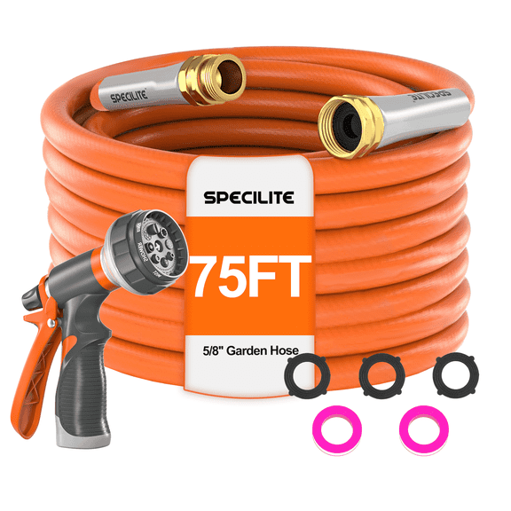 SPECILITE 75ft x 5/8in Garden Hose, Flexible and Lightweight Rubber Water Hose with Nozzle & 3/4'' Brass Fittings