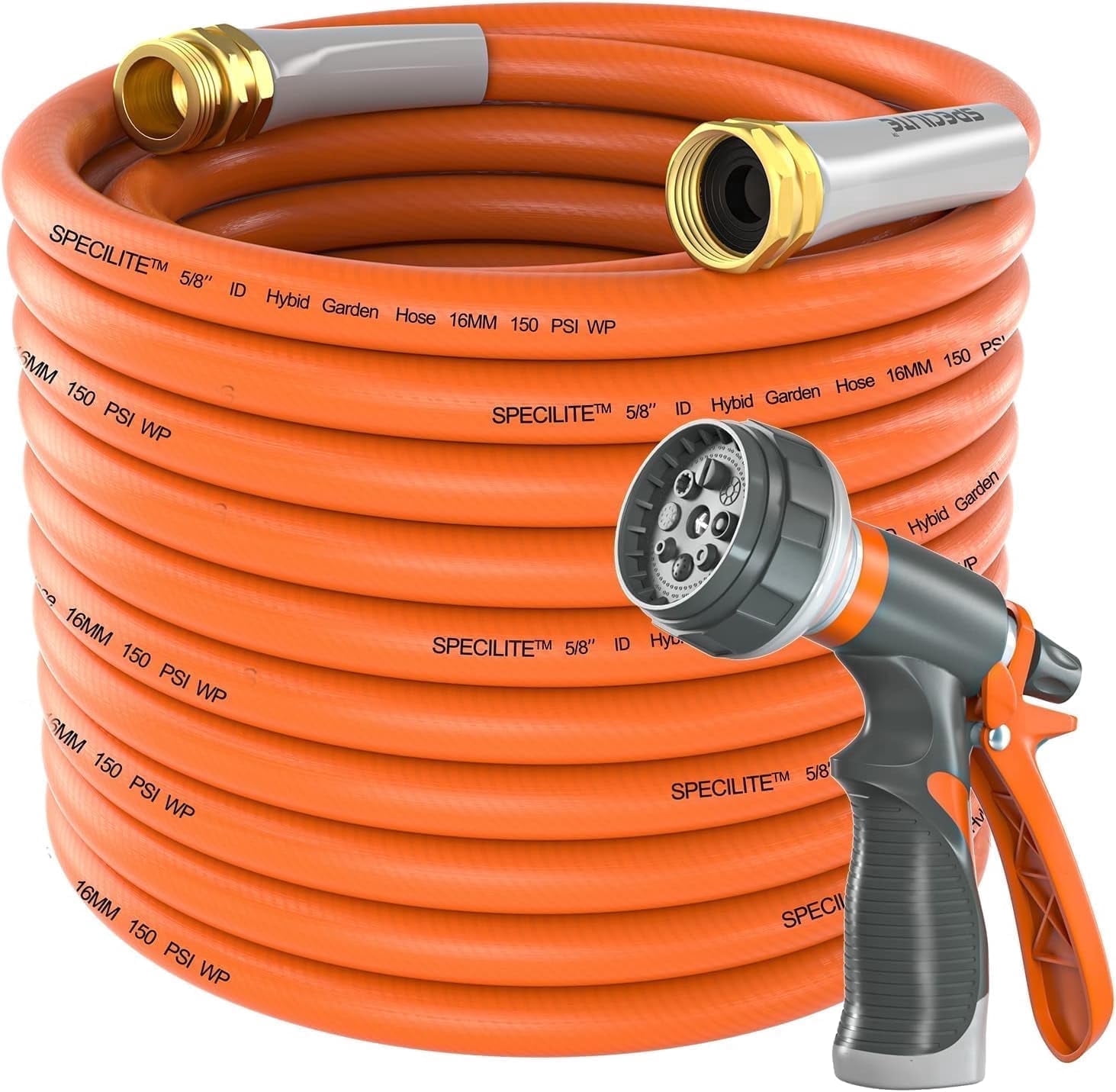 SPECILITE Garden Water Hose 200 ft x 5/8 in Heavy Duty, Flexible and Lightweight Rubber Pipe for Outdoor, 3/4'' Brass Fittings, Orange