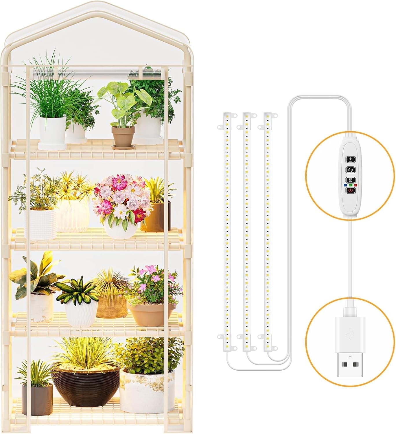 SPECILITE Indoor Greenhouse with Grow Lights, 4 Tiers 27.6"L×19.3"W×61.4"H Outdoor Mini Green House with Zip PVC Cover  and Dimmable 15W Plant Light with Timer for Seed Starting Trays