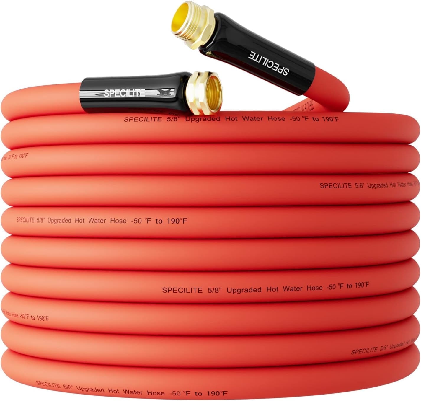 SPECILITE Red Rubber Hot Water Hose 5/8" x 50 ft,Heavy Duty Garden Hose -50℉-190℉,Flexible & Lightweight Rubber Hoses with 3/4" Brass Fittings