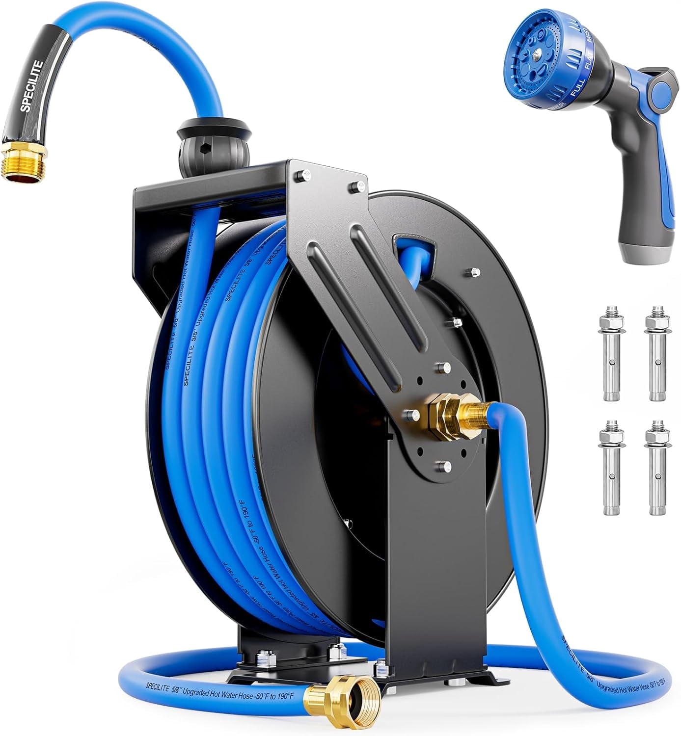 SPECILITE Retractable Hose Reel with 5/8'' 50ft Hot/Cold Garden Water Pipe, Sprayer Nozzle, Heavy Duty Metal Wall Mount Spool