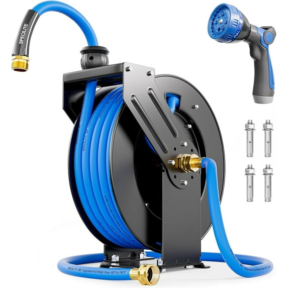 SPECILITE Retractable Hose Reel with 5/8'' 50ft Hot/Cold Garden Water Pipe, Sprayer Nozzle, Heavy Duty Metal Wall Mount Spool