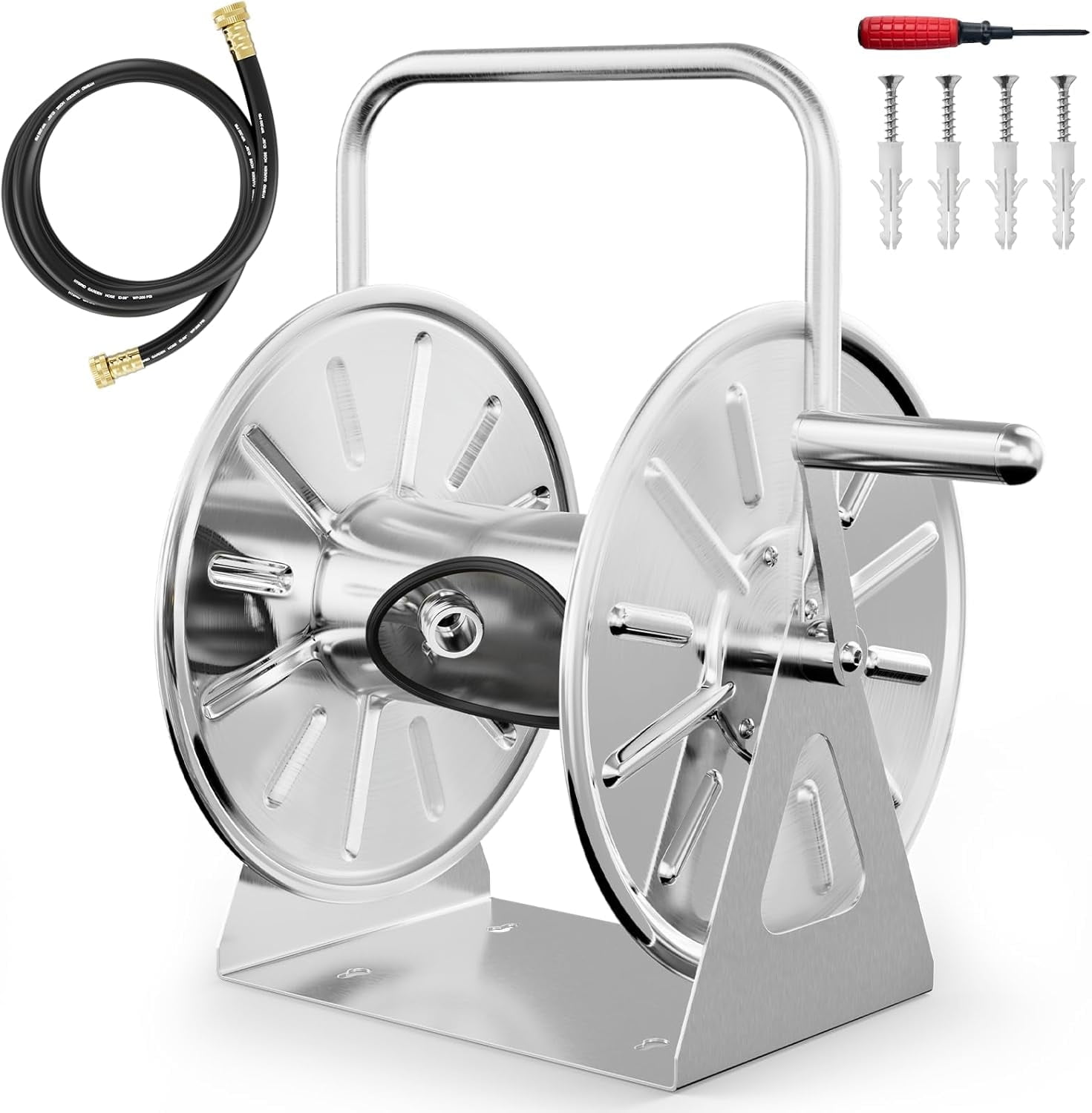 SPECILITE Stainless Steel Garden Hose Reel, Outdoor Wall Mount/Floor with 6ft Leader Water Pipe, Holds 5/8in 75ft Hose