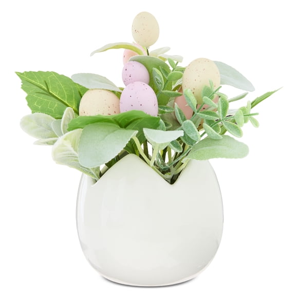 Artificial Plant with Speckled Eggs in White Egg Pot, 8.5", Easter by Way To Celebrate