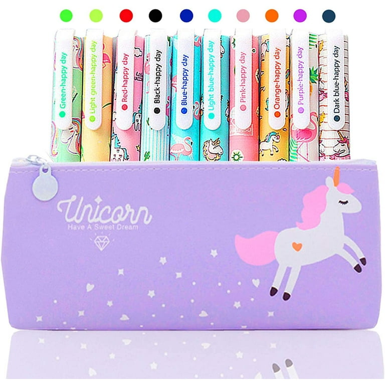 SPECOOL 10Pcs Unicorn Pens with Pencil Case School Gift for Girls Age 6 7 8  9 10 11 12 Years Old, Cute Flamingo Pens Set Ballpoint Writing Smooth Kids