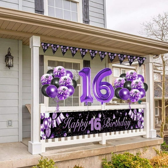 SPECOOL 16th Birthday Decorations for Boys Girls, Black Purple Theme Party Decor, Black Purple Latex Balloons and Happy 16th Birthday Banner, Happy 16th Birthday Party Anniversary Supplies