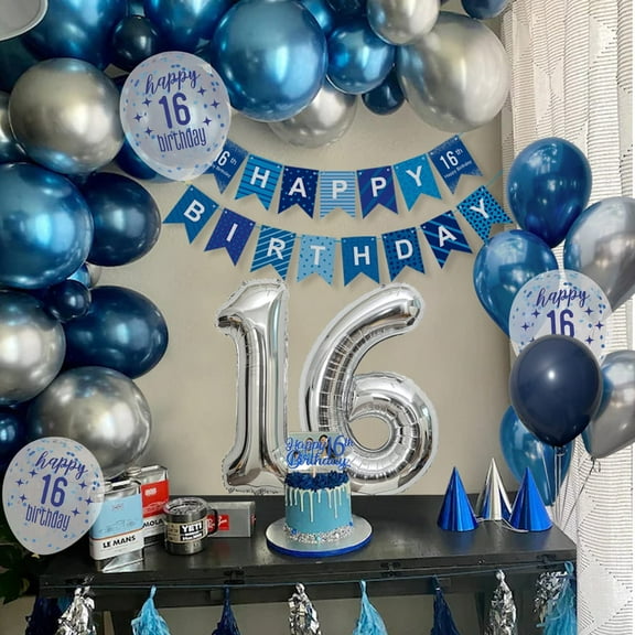 16th Birthday Party Decorations Men, Royal Blue Balloon Arch Kit with Happy Birthday Banner, Tablecloth, Cake Topper, Foil Confetti Balloons, Chrome Blue Silver 16 Birthday Party Decor