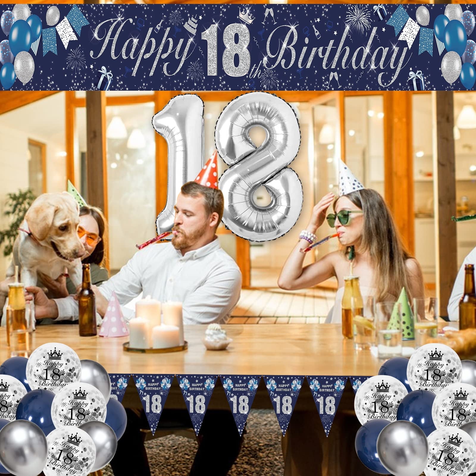 SPECOOL 18th Birthday Decorations for Boys Men Navy Blue Silver Theme Party Decor Blue Silver Latex Balloons and Happy 18th Birthday Banner Happy
