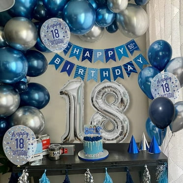 SPECOOL 18th Birthday Party Decorations Men, Royal Blue Balloon Arch Kit with Happy Birthday Banner, Tablecloth, Cake Topper, Foil Confetti Balloons, Chrome Blue Silver 18 Birthday Party Decor