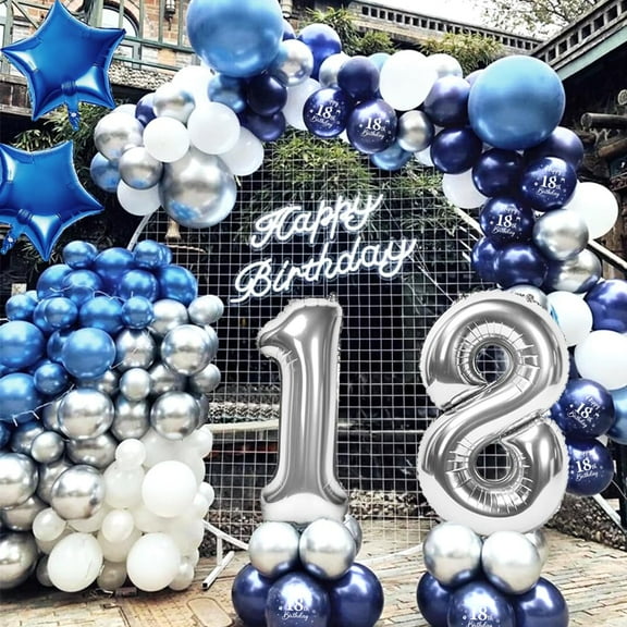 SPECOOL 18th Birthday Party Decorations Men, Royal Blue Balloon Arch Kit with Happy Birthday Banner, Tablecloth, Number 18 Balloon, Metallic Blue Silver Balloons for Boys Girls 18th Birthday Party
