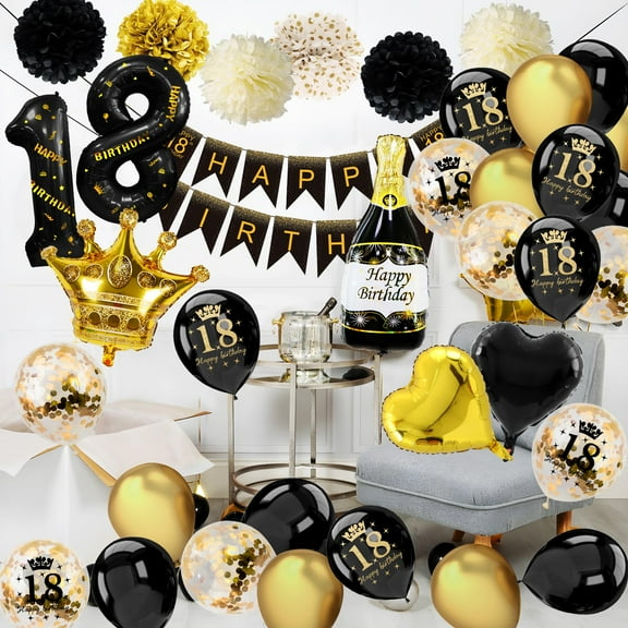 SPECOOL 18th Black Gold and Black Birthday Decorations for Boys Girls, Happy Birthday Banner, Tissue Flowers, Metallic Black Gold Birthday Party Balloons for Men Women Happy Birthday Party