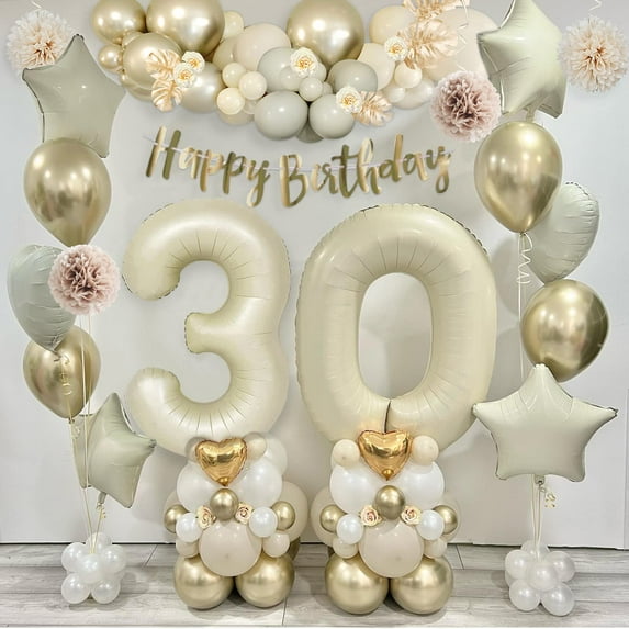 SPECOOL 30th Birthday Decorations, 30th Birthday Balloons Beige Gold with Happy Birthday Banner, Birthday Sash, Paper Pom Poms, Cream Nude Number 30 Balloon for 30 Year Old Men Women