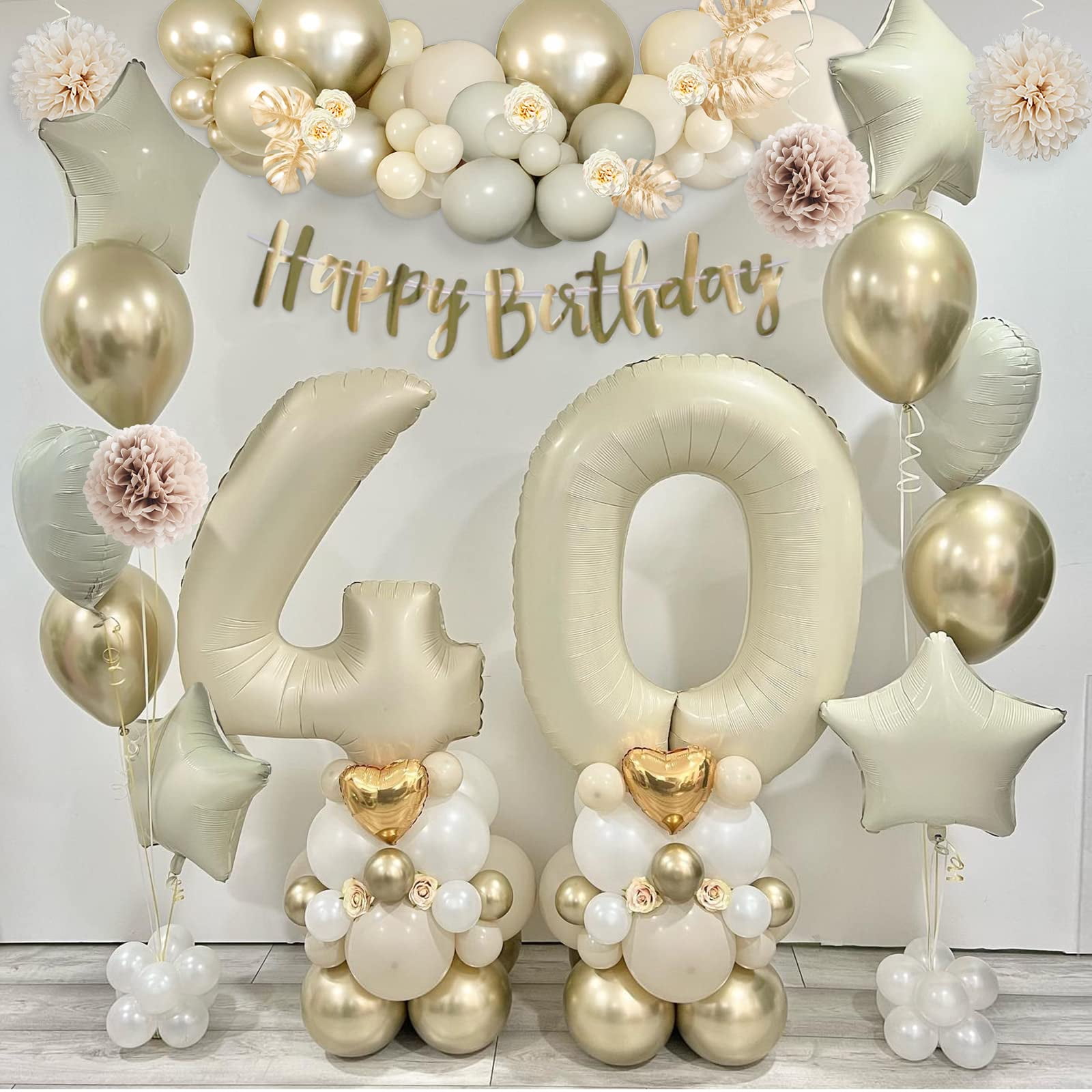 SPECOOL 40th Birthday Decorations 40th Birthday Balloons Beige Gold with Happy Birthday Banner Birthday Sash Paper Pom Poms Cream Nude Number 40