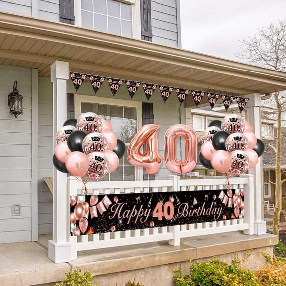 SPECOOL 40th Birthday Decorations for Lady, Women 40th Birthday Party Kit with Rose Gold Happy 40th Birthday Banner, Black Rose Gold Confetti Balloons, Number 40 Balloon Triangle Flag Banner