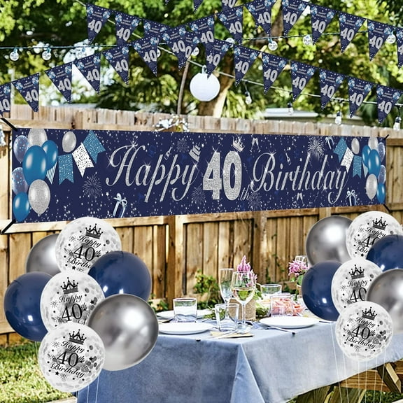 40th Birthday Decorations for Men Husband Boyfriend, Navy Blue Silver 40th Birthday Party Kit with Happy 40th Birthday Banner, Navy Blue Silver Confetti Balloons Triangle Flag Banner Number 40