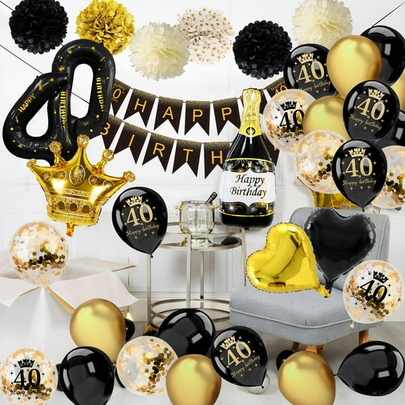 SPECOOL 40th Black Gold and Black Birthday Decorations for Men Women, Happy Birthday Banner, Tissue Flowers, Metallic Black Gold Birthday Party Balloons for 40 Years Old Happy Birthday Party