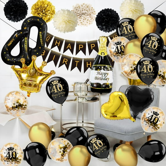 SPECOOL 40th Black Gold and Black Birthday Decorations for Men Women, Happy Birthday Banner, Tissue Flowers, Metallic Black Gold Birthday Party Balloons for 40 Years Old Happy Birthday Party