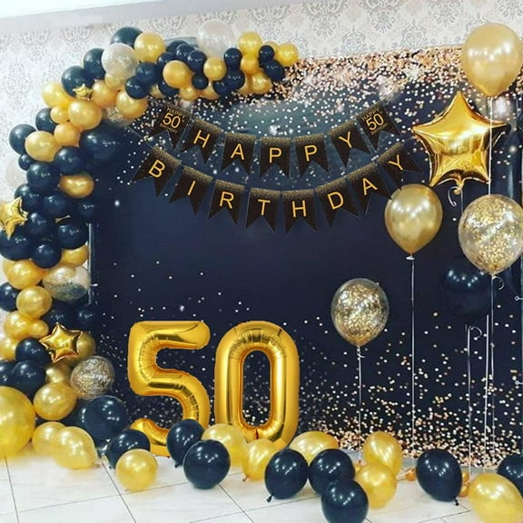 SPECOOL 50th Birthday Decorations Kit for Men Women, Black Gold Happy 50 Birthday Banner Balloons Supplies, Black Gold and White Paper Pompoms, Forty Year Old Bday Decorations