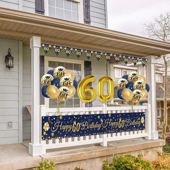 60th Birthday Decorations Men, Blue Gold Theme Party Decor, Navy Blue Gold Latex Balloons and Happy 60th Birthday Banner, Happy 60th Birthday Anniversary Party Supplies