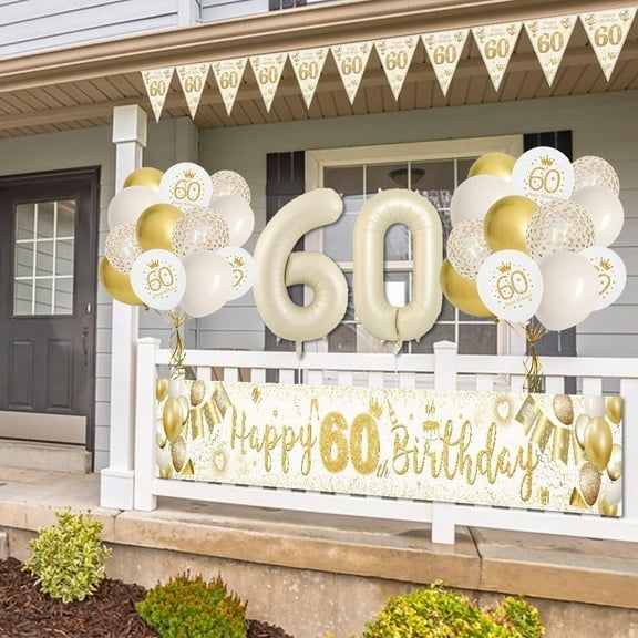 60th Birthday Decorations Men Women, Sand White Gold Theme Party Decor, Beige White Gold Latex Balloons and Happy 60th Birthday Banner, Happy 60th Birthday Anniversary Party Supplies