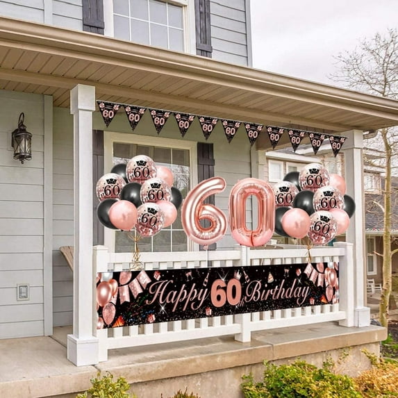 SPECOOL 60th Birthday Decorations Women, Lady Black Rose Gold Theme Party Decor, Black Rose Gold Latex Balloons and Happy 60th Birthday Banner, Happy 60th Birthday Anniversary Party Supplies