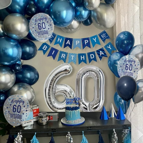 60th Birthday Party Decorations Men, Royal Blue Balloon Arch Kit with Happy Birthday Banner, Tablecloth, Cake Topper, Foil Confetti Balloons, Chrome Blue Silver 60 Birthday Party Decor