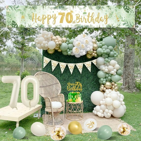 SPECOOL 70th Birthday Decorations for Lady, Women 70th Birthday Party Kit with Green Gold Happy 70th Birthday Banner, Beige Sage Green Gold Confetti Balloons, Number 70 Balloon Triangle Flag Banner