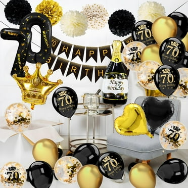 SPECOOL 70th Black Gold and Black Birthday Decorations for Grandfather Grandmother, Happy Birthday Banner, Tissue Flowers, Metallic Black Gold Birthday Party Balloons for 70 Years Old Birthday Party