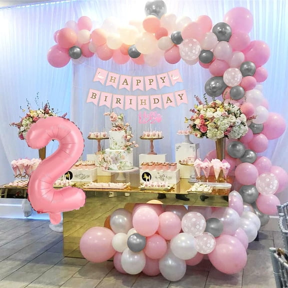 SPECOOL Baby Girl 2nd Birthday Decorations Pink Age 2 Birthday Balloons with Happy Birthday Banner Tablecloth for Baby Girl Second Birthday Party Supplies