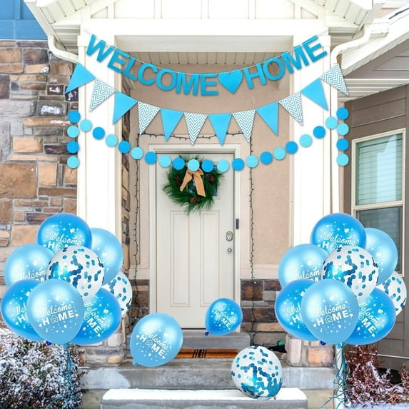 SPECOOL Blue Theme Welcome Home Decorations, Blue Welcome Home Banners, Blue Welcome Home Balloons, Pennant Flag Bunting for Home Family Baby Showers Decorations