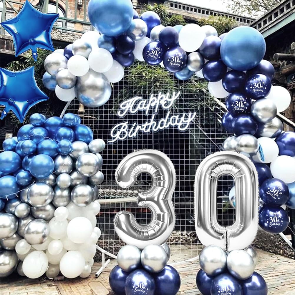 SPECOOL Dark Blue 30th Birthday Decorations for Men Navy Blue Silver Happy 30th Birthday Blue Silver 30th Birthday Balloons with Birthday Banner for