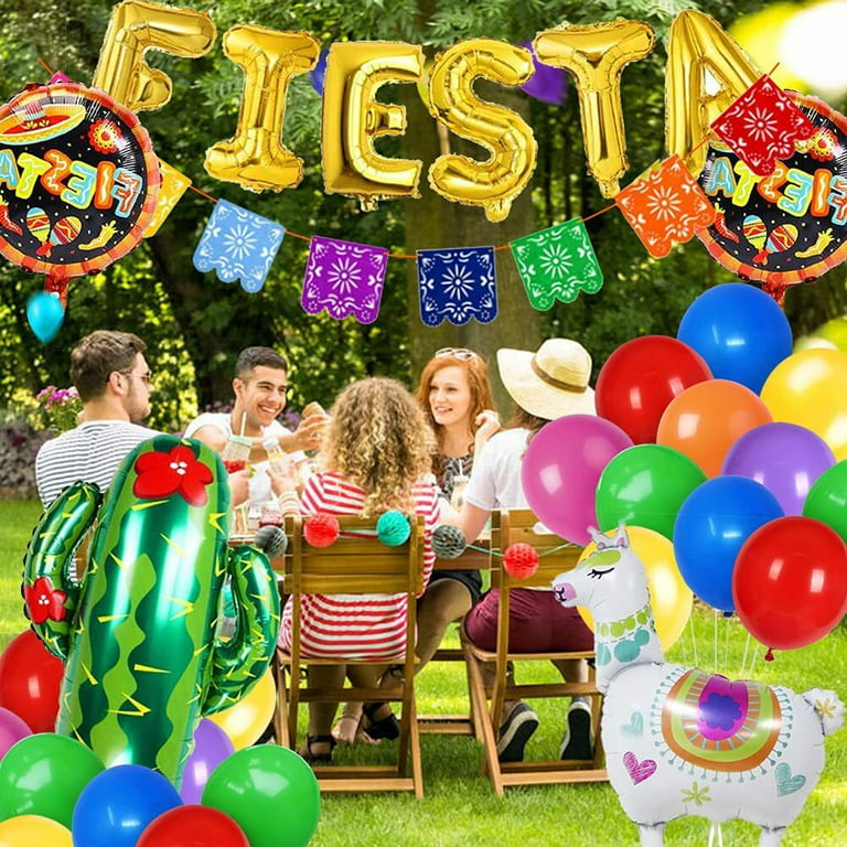 SPECOOL Fiesta Mexican Party Decoration Fiesta Balloons Paper Fans Pom Poms  Triangle Bunting Banner for Fiesta Mexican Cinco De Mayo Birthday Party  Supplies 