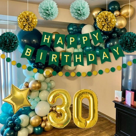 SPECOOL Green Gold 30th Birthday Party Decorations Men Women Dark Green Gold Balloons Garland Kit Tissue Pom Poms Flowers Happy Birthday Banner Metal and Sequin Balloons for 30th Birthday Supplies