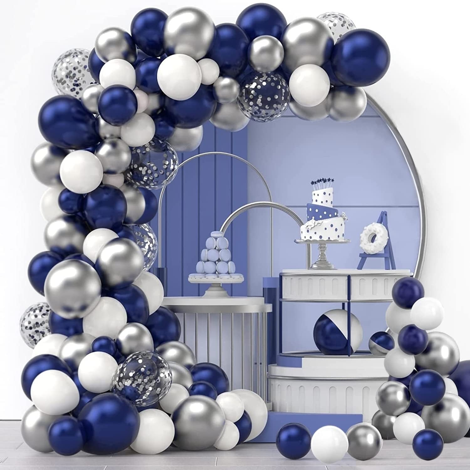 SPECOOL Navy Blue Silver Balloons Arch Kit Navy Blue Balloon Garland With White Silver Confetti Latex Balloons for Graduation Baby Shower Wedding Birthday Party Decorations