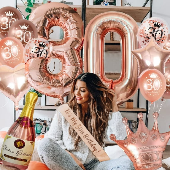 SPECOOL Rose Gold 30th Birthday Decoration for Women, 30th Birthday Decorations Kit Happy 30th Birthday Banner Triangle Flag Confetti Balloons, Number 30 Balloons Sash for Age 30 Party Supplies