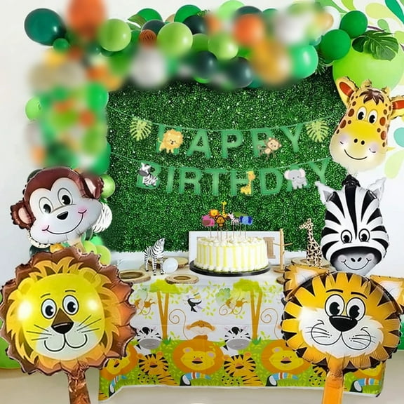 SPECOOL Safari Birthday Decorations - 59Pcs Jungle Theme Party Supplies Including Animal Foil Balloons, Foil Curtains, Cake Toppers, Banner, Jungle Balloon Garland Kit, Safari Baby Shower Decorations