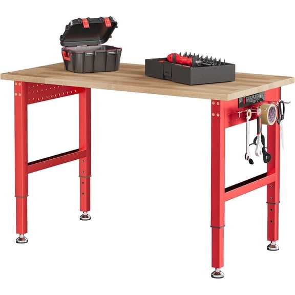 SPECRAFT Red Adjustable Heavy Duty Workbench with 4 AC Outlet and 2 USB Ports Power Outlets, 2000 Lbs Capacity, Rubber Wood Top for Garage, Workshop, Office