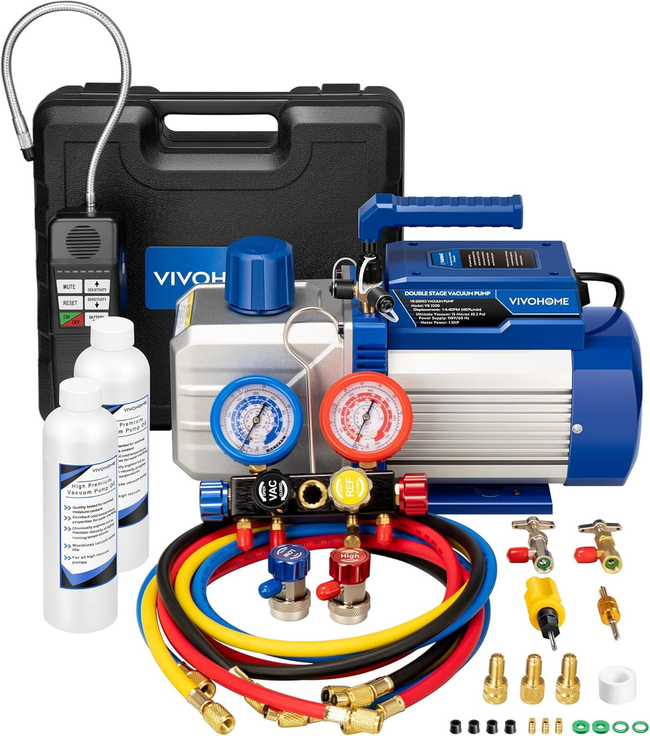SPECSTAR 1.5 HP 14.4 CFM 2 Stage HVAC Vacuum Pump and 4 Way AC Manifold Gauge Set Kit with Leak Detector 5ft Hoses