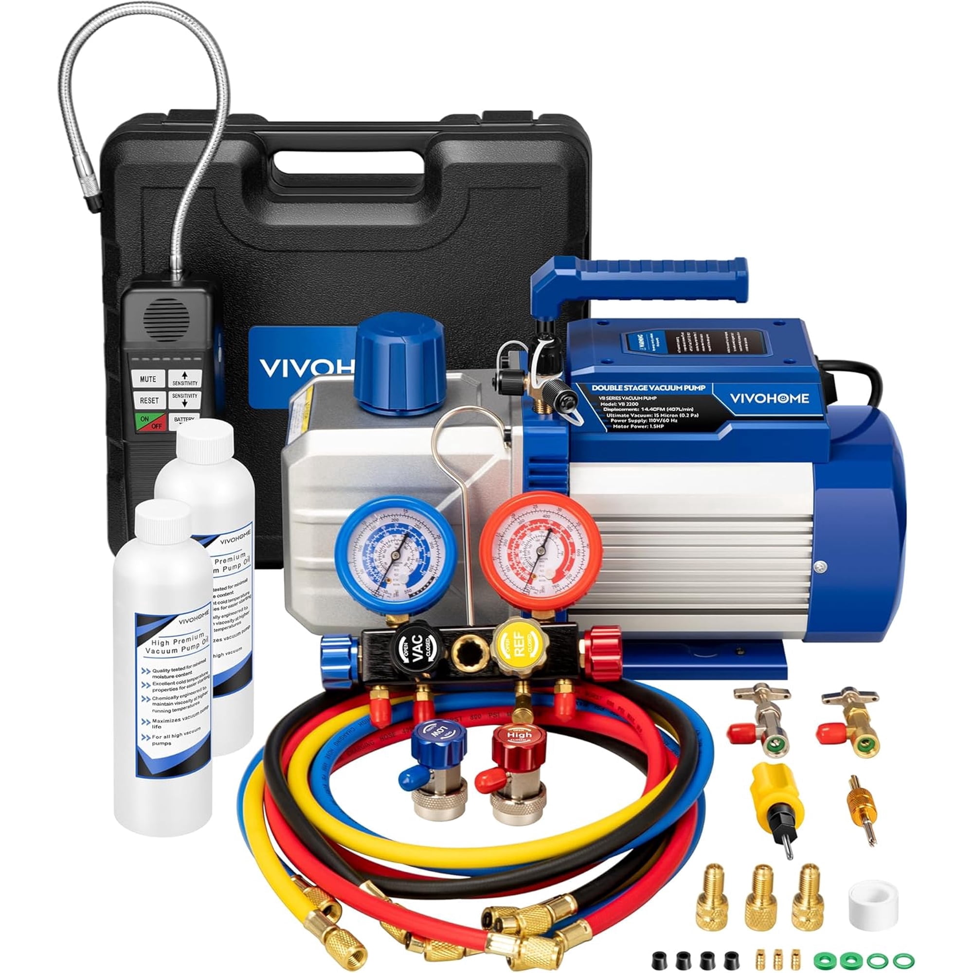 SPECSTAR 1.5 HP 14.4CFM 2 Stage HVAC Vacuum Pump and 4 Way AC Manifold Gauge Set Kit,Blue